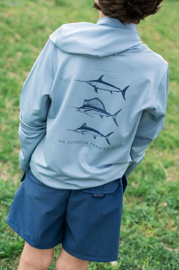 Kid's Pro Perf Hoodie T-shirt w/ Swordfish, Sailfish, Marlin - Blue Gray