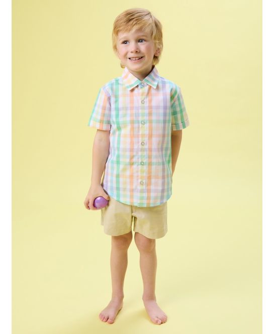 Boys Poppy Rainbow Plaid Short Sleeve Button Down