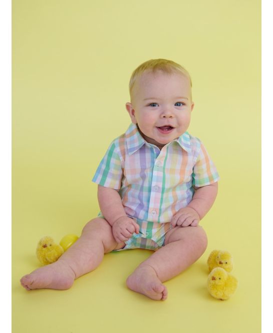 Poppy Rainbow Plaid Woven Short Sleeve Button-Up Romper