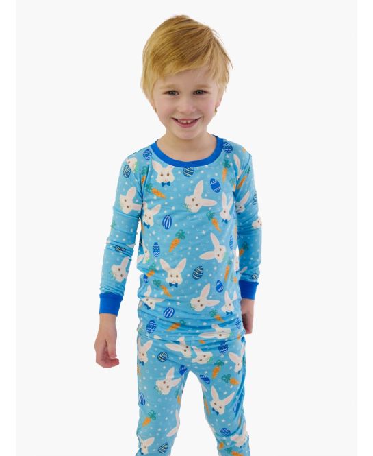 Blue Bow Tie Bunnies Long Sleeve Pajama Set, Bamboo Viscose