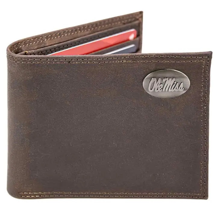 Ole Miss Rebels Men's Collegiate Bifold Leather Wallet - Crazyhorse Brown