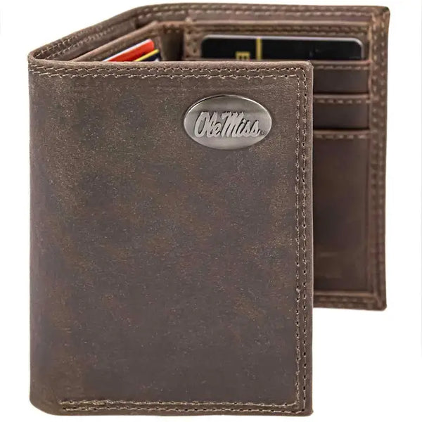 Ole Miss Rebels Men's Collegiate Trifold Leather Wallet - Crazyhorse Brown