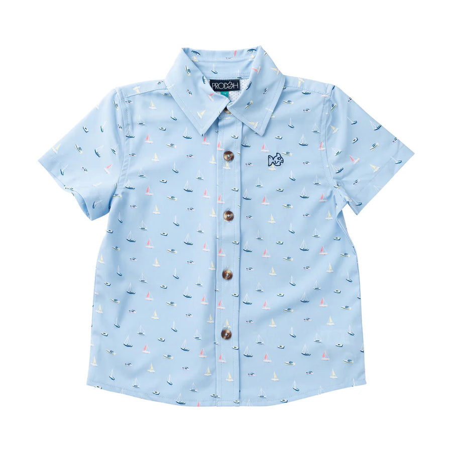 Boys' Short Sleeve Button Down Shirt — Windsurfer Boats in the Bay Print