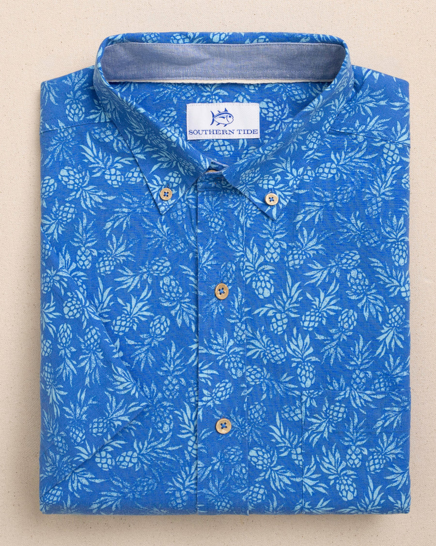M SS Linen/Rayon Pineapple Parade Sportshirt-Blue Stream