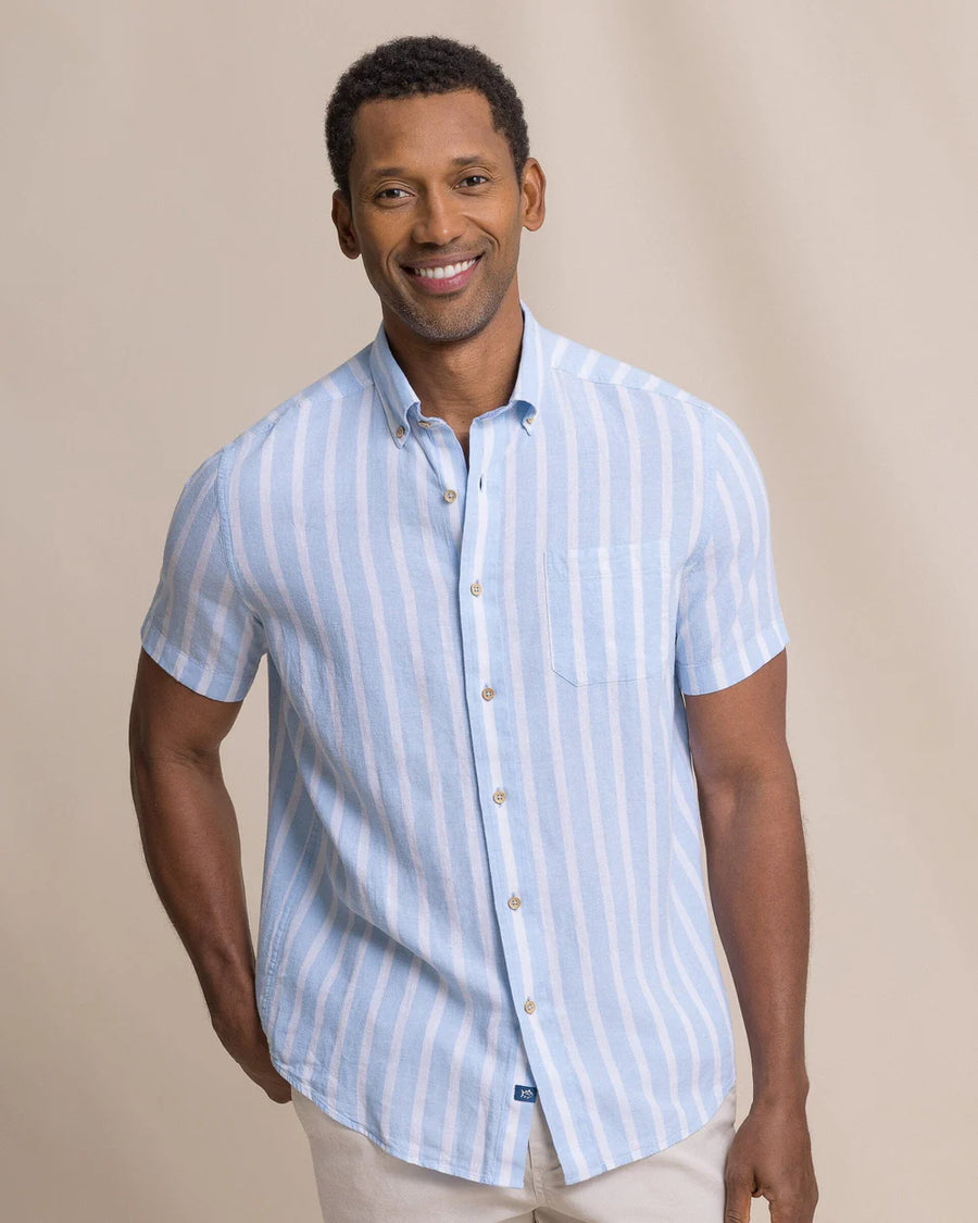 Seamark Stripe Linen Rayon Short Sleeve Sport Shirt